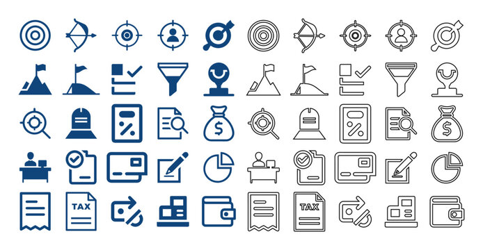 Flat and outline vector collection of business strategy, tax finance, and target marketing icon set.