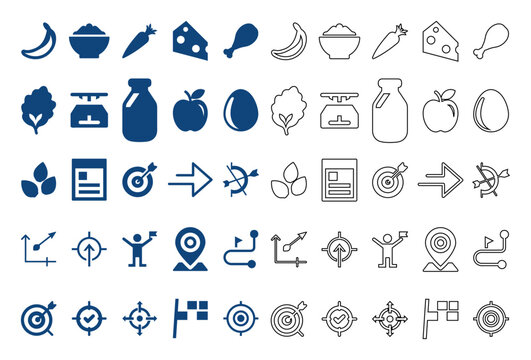 Flat and outline vector collection of grocery food items and business marketing strategy symbols.