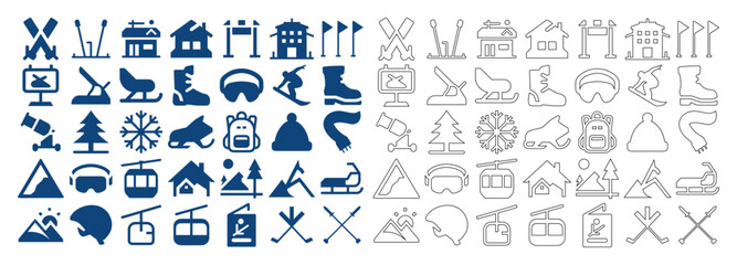 Obraz premium Winter ski resort and snowboarding vector collection featuring flat and line style icon set.