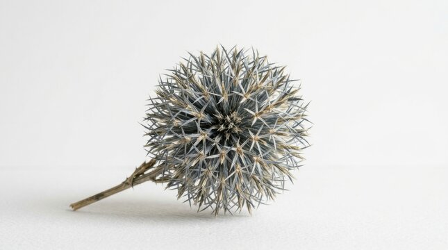 Close-up of a spherical, spiky flower head on a white background, isolated.