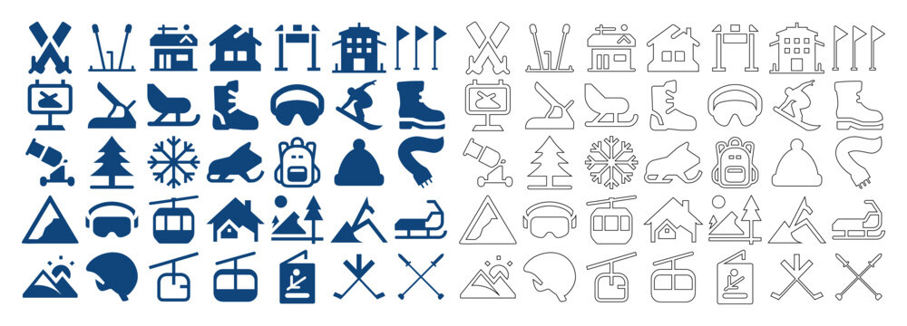 Winter ski resort and snowboarding vector collection featuring flat and line style icon set.
