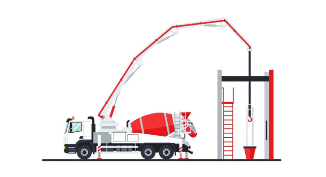 Concrete Pump Truck and Cement Mixer Vector Illustration - Industrial Construction Site Machinery with Boom Arm Pouring Concrete - Flat Design Isolated on White Background