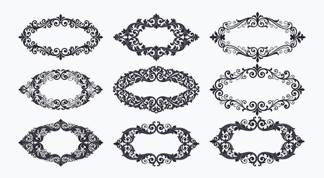 Set of elegant baroque style oval frames and ornate calligraphic border vector illustration.