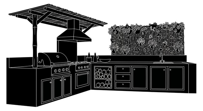 Modern outdoor kitchen with barbecue grill and vertical garden