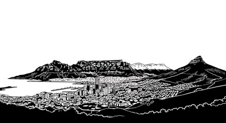 Obraz premium Cape Town Skyline with Table Mountain and Lion's Head in Woodcut Style