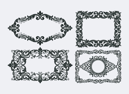 Set of four luxury baroque frames with ornate floral scrolls vector illustration design.