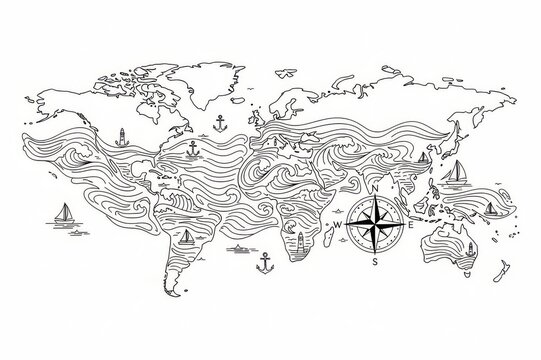 World Hydrography Day Global Ocean Map Compass Line Art Illustration