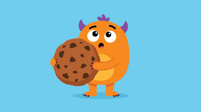 Cute Orange Monster with Big Chocolate Chip Cookie Flat Illustration