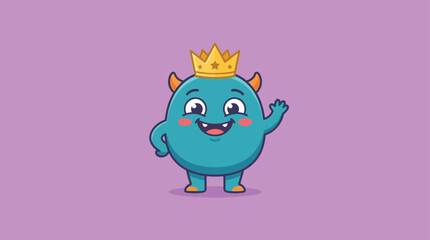 Naklejka premium Cute Blue Monster King with Crown Waving Hello Vector Flat Design
