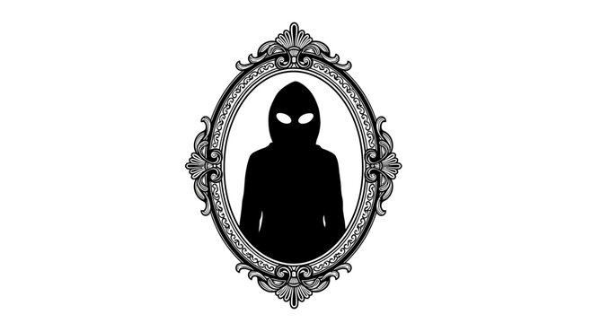 Hooded Silhouette with Glowing Eyes in Ornate Vintage Frame