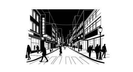 Obraz premium Urban city street night scene with silhouettes and architecture