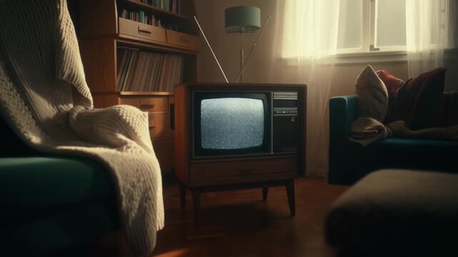 80s wooden TV cabinet with static noise, rabbit ear antennas, cozy living room, knitted blankets, nostalgic media atmosphere. Concept for retro technology nostalgia
