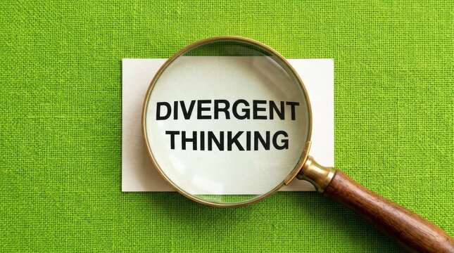 Magnifying glass placed over a white card displaying the words divergent thinking on a vibrant green textured fabric surface background