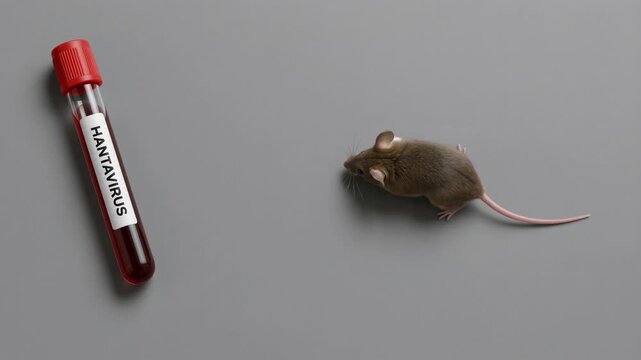 A medical test tube labeled Hantavirus sits next to a small mouse on a gray surface. This conceptual shot illustrates the link between rodents and the transmission of dangerous zoonotic diseases.