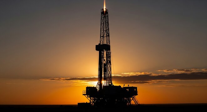 A dark silhouette of an industrial oil drilling rig against a vibrant orange and yellow sunset sky