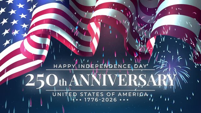 250th anniversary of USA. Holiday fireworks. 250 years. Banner 4th of july usa independence day. Waving american flag on dark night sky. Fourth of july, national holiday. 3D animation, seamless loop