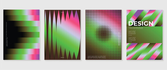 Obraz premium Abstract neon gradient poster set vector. Modern colorful geometric background with green pink purple black shapes, halftone dots, striped layout, creative flyer cover design
