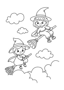 Cute little witches flying on broomsticks &ndash; cartoon coloring page line art for kids