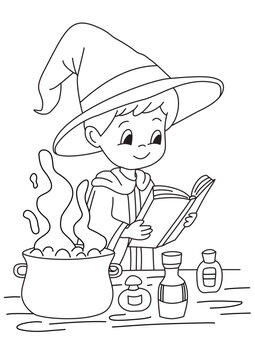 Cute Little Wizard Boy Cooking Potion Coloring Page &ndash; Magic Cauldron Cartoon Line Art