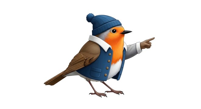Cute Bird Wearing Winter Clothing Pointing Forward.