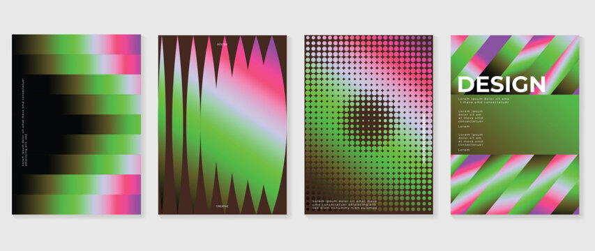 Abstract neon gradient poster set vector. Modern colorful geometric background with green pink purple black shapes, halftone dots, striped layout, creative flyer cover design