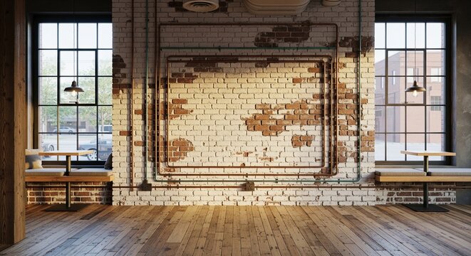 Industrial loft interior with white brick wall and copper pipes