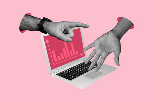 Composite sketch design artwork photo collage of finger body language gesture showing hand virtual remote laptop trader device technology
