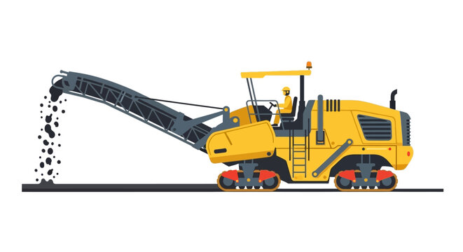Yellow Asphalt Cold Planer Machine Illustration - Industrial Road Milling Equipment Vector for Construction and Pavement Maintenance Isolated on White Background