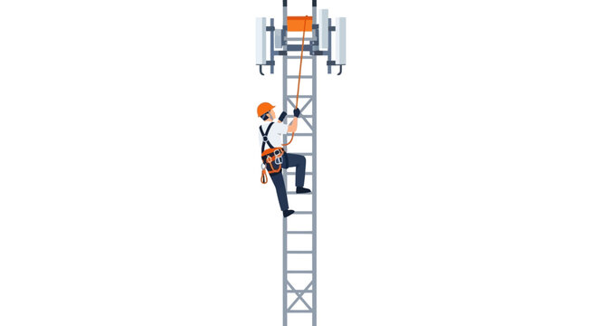 Telecommunications Technician Climbing Cell Tower for Maintenance Vector Illustration