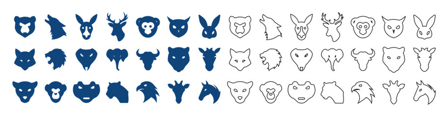Fototapeta premium Minimalist animal head icons, 42 wildlife vector symbols, blue logo set