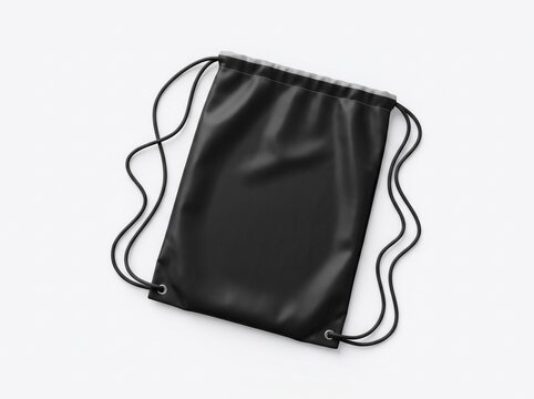 Black drawstring bag made of shiny material isolated on white background