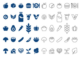 Obraz premium Vegan food icons set, 50 organic plant based symbols, blue line art