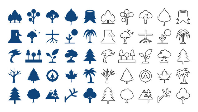 Diverse collection of stylized tree and plant icons in various shapes and forms