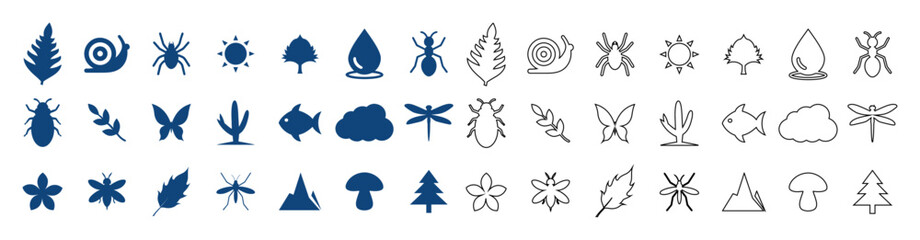 Collection of blue and outline icons representing nature and insects ©  Farida9377
