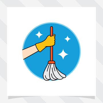 hand wearing yellow cleaning glove holding a mop cleaning floor. Cleaning products and supplies. vector logo icon illustration.