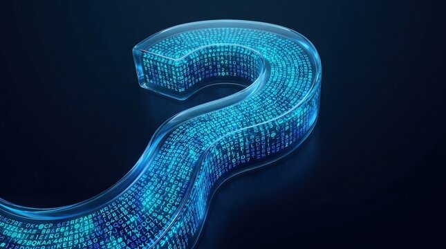 Digital question mark formed by glowing blue binary code data stream on dark background