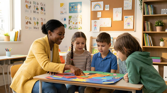 Teacher with three children in classroom activity. Suitable for educational materials, textbooks, school websites, and teaching resources for children.