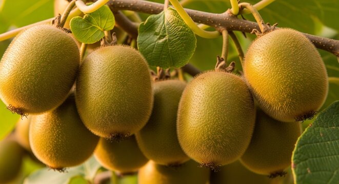 Fresh green kiwi fruits hanging on a tree branch