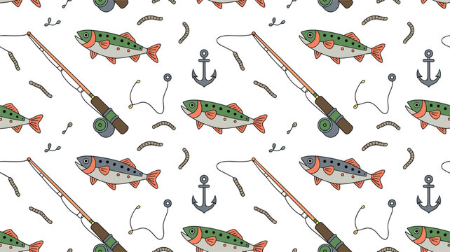 Fishing Pattern Illustration Featuring Rods, Fish, Hooks, Worms, and Anchors for Outdoor, Sport, and Angling Designs