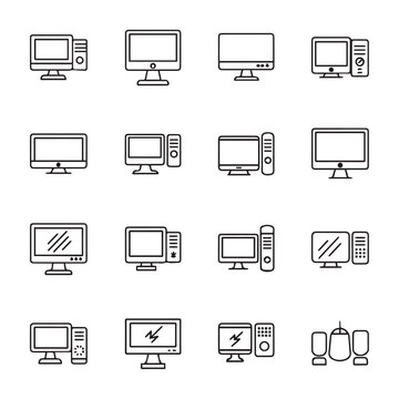 Computer icons representing desktop PCs and peripherals in a clean graphic style
