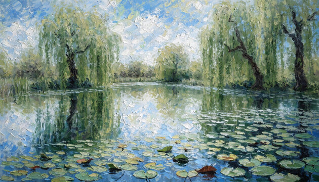 Impressionist Oil Painting of a Serene Lily Pond with Weeping Willows and Sky Reflections