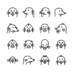 Fototapeta premium Cute mole faces in simple line art style with diverse expressions and angles for playful design