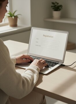 Laptop screen with registration form on a desk in a bright room for digital onboarding, customer data entry and online application services in a serene workspace