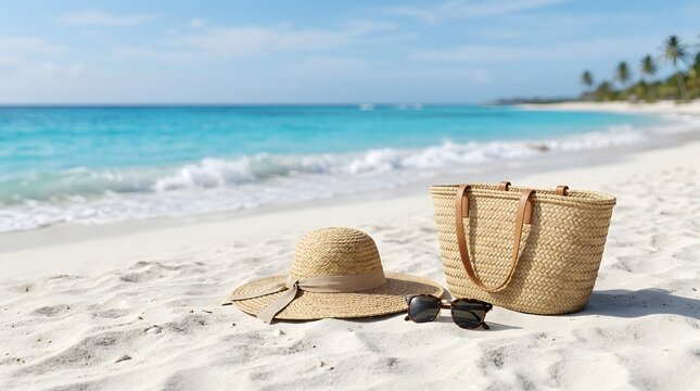 Straw hat and beach bag on tropical sandy shore with blue ocean