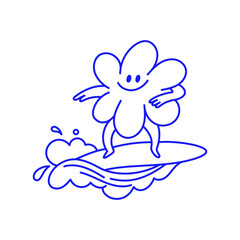 Fototapeta na wymiar Vector hand drawn doodle cartoon illustration, surfer mascot character, sporty surfing figure riding a wave, playful creative modern sketch design for branding, advertising, t-shirt prints