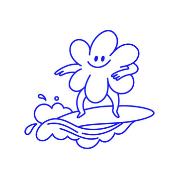 Vector hand drawn doodle cartoon illustration, surfer mascot character, sporty surfing figure riding a wave, playful creative modern sketch design for branding, advertising, t-shirt prints