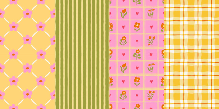 Vector set of hand drawn seamless pattern in simple doodle sketchy floral wavy and groovy naive style, dopamine and cottage core aesthetic, delicate gentle girlie backgrounds