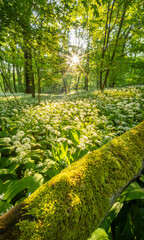 Naklejka premium Beautiful Spring Forest with White Wild Blooming Garlic