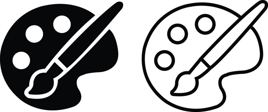 Art palette paint brush black flat and line icon set. Vectors graphic illustration depicting artist drawing tools creativity painting supplies minimalist silhouette isolated on transparent background.