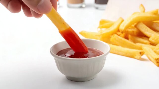 Hand dipping french fry in ketchup sauce close-up fast food item studio shot